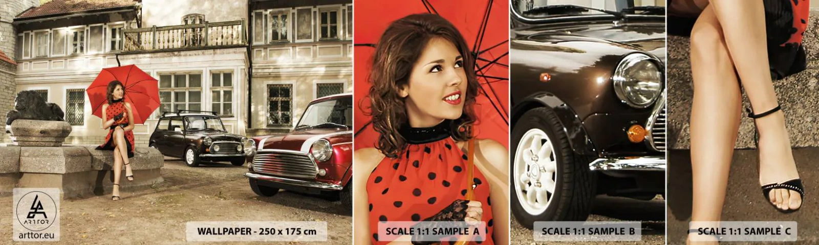 Mostră tapet autocolant Deluxe Sticker - O mini-călătorie sentimentală - Femeie, Arhitectură, Mașină - 100x30 cm