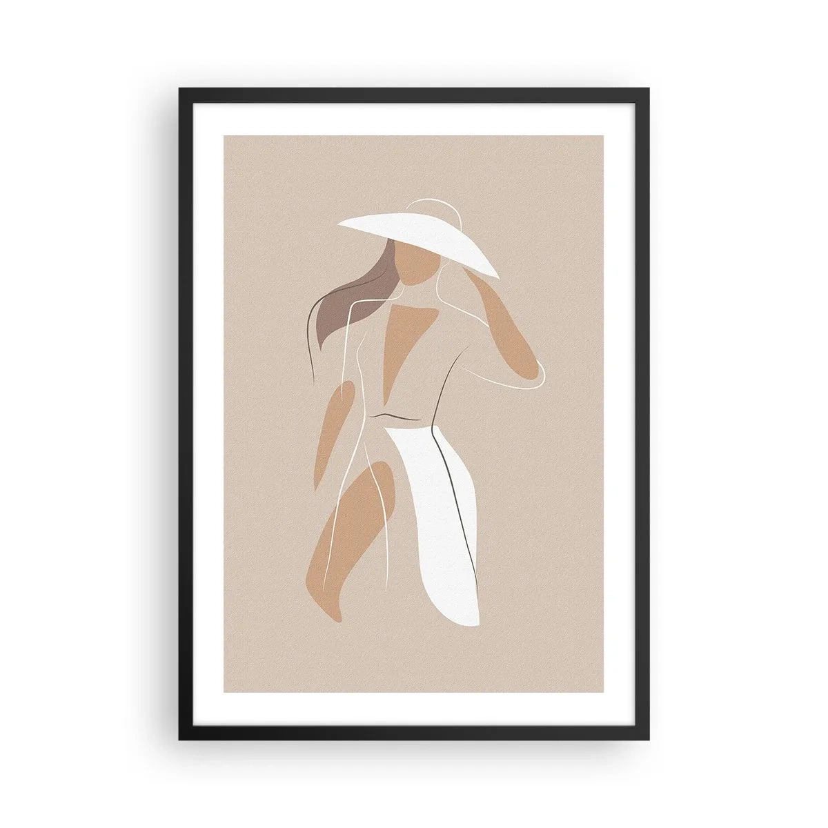 Poster în ramă neagră - O siluetă minimalistă a unei femei cu pălărie pe un fundal bej. - 50x70cm - Moda este distractivă - Decorațiune modernă pentru perete pentru living și dormitor ARTTOR