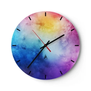 Ceas de perete - Ceas pe sticlă - Un gradient colorat dominat de albastru, violet și galben. - 30x30cm - Aproape în al șaptelea cer - Decorațiune modernă pentru perete pentru living, bucătărie și dormitor ARTTOR