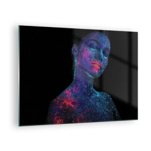 Tablou pe sticlă - Portretul unei femei cu pictură corporală fluorescentă - 70x50cm - În praf de stele - Decorațiune modernă pentru perete pentru living și dormitor ARTTOR