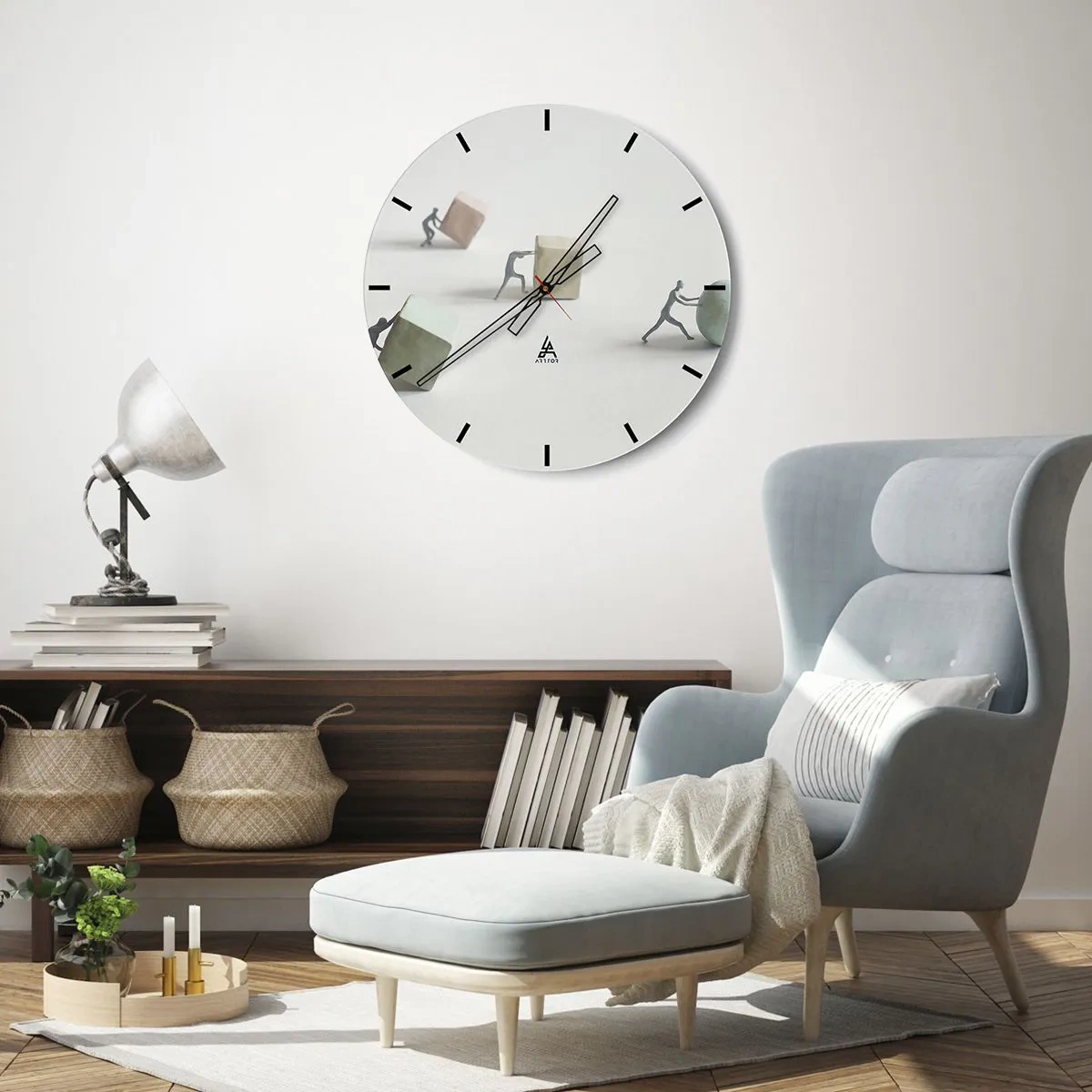 Ceas de perete - Ceas pe sticlă - Figuri care împing cuburi și o minge care simbolizează efortul - 30x30cm - Viața însăși - Decorațiune modernă pentru perete pentru living, bucătărie și dormitor ARTTOR