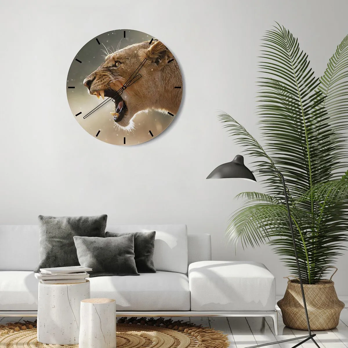 Ceas de perete - Ceas pe sticlă - O leoaică răcnind pe fundalul naturii iluminate - 30x30cm - Încearcă să nu asculți - Decorațiune modernă pentru perete pentru living, bucătărie și dormitor ARTTOR