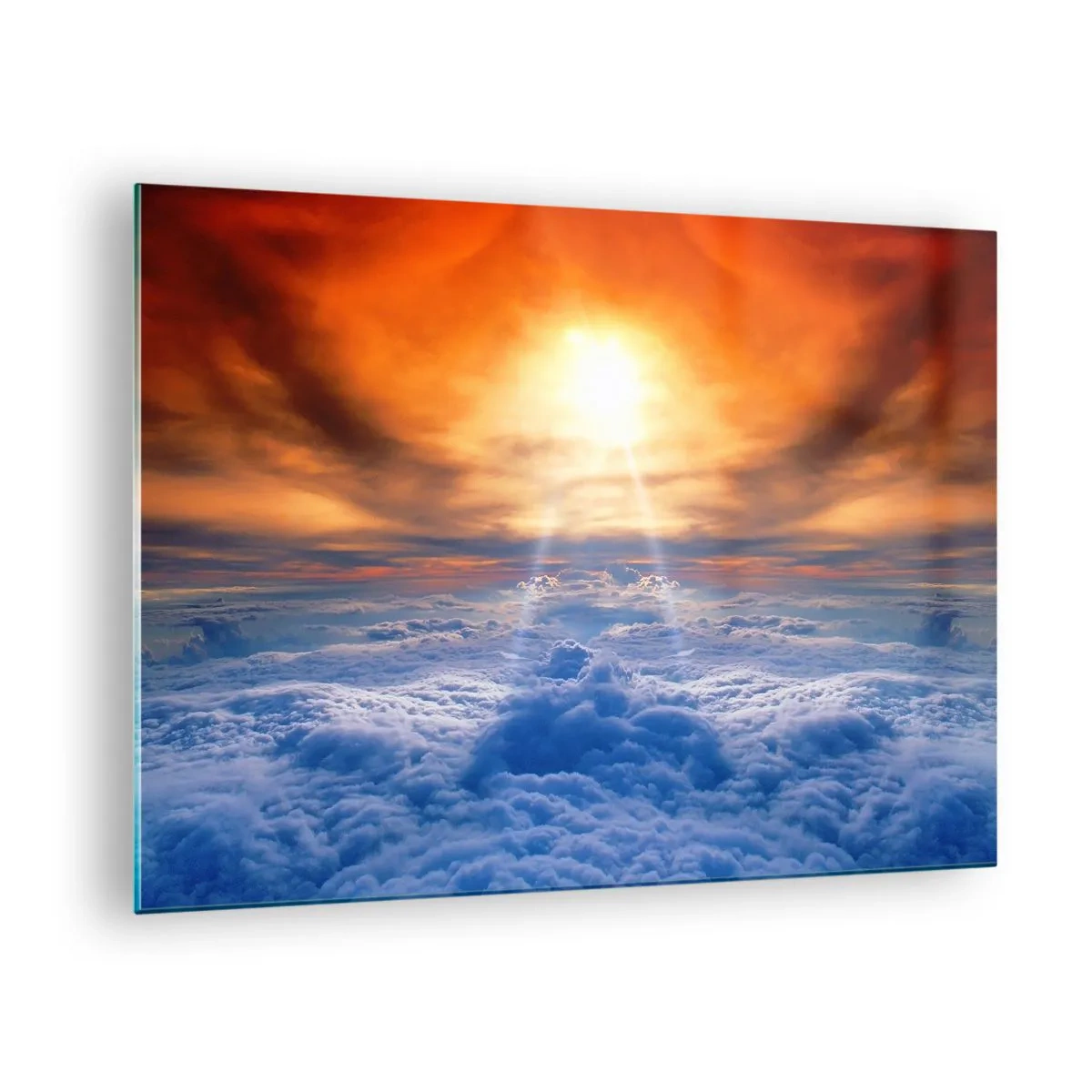 Tablou pe sticlă - Nori iluminați de razele soarelui care apune - 70x50cm - Peisaj mistic - Decorațiune modernă pentru perete pentru living și dormitor ARTTOR