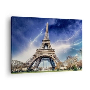 Tablou pe pânză Canvas - Turnul Eiffel cu un cer furtunos și fulgere în fundal - 70x50cm - Stăpânul furtunilor - Decorațiune modernă pentru perete pentru living și dormitor ARTTOR