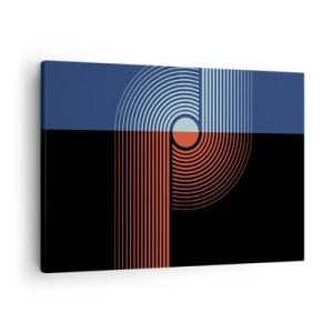 Tablou pe pânză Canvas - Abstracție geometrică cu linii în albastru marin și portocaliu. - 70x50cm - Într-o îmbrăţişare geometrică - Decorațiune modernă pentru perete pentru living și dormitor ARTTOR