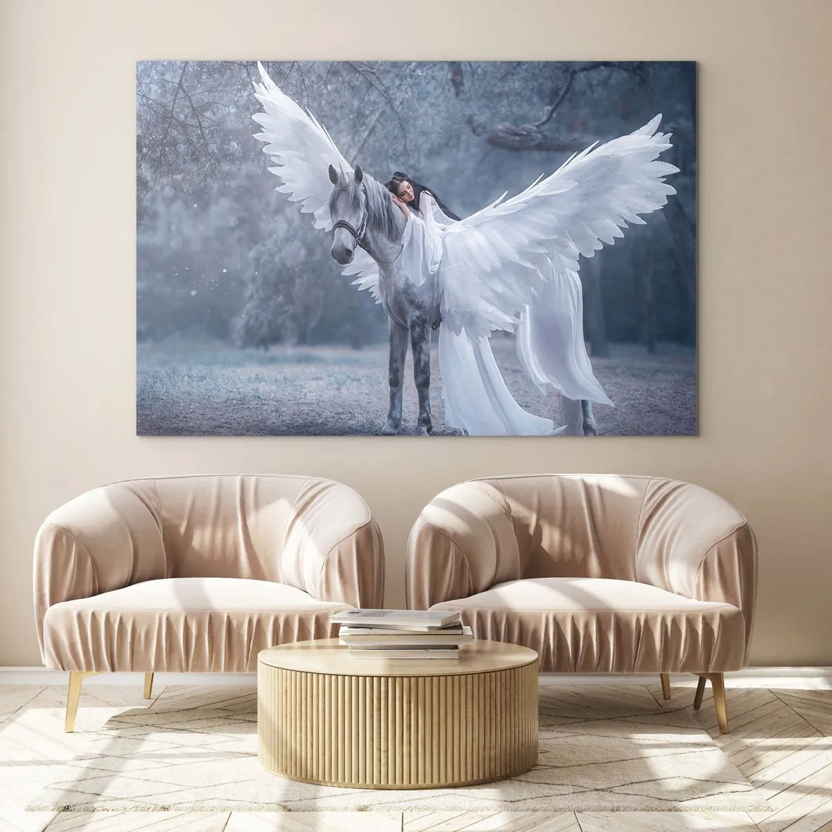 Tablou pe sticlă - Pegas cu aripi albe și o femeie în rochie într-o pădure mistică - 70x50cm - Moment inspirat - Decorațiune modernă pentru perete pentru living și dormitor ARTTOR