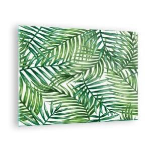 Tablou pe sticlă - Frunze de palmier verzi pe fundal alb, creând un model geometric - 70x50cm - Sub bolta verde - Decorațiune modernă pentru perete pentru living și dormitor ARTTOR