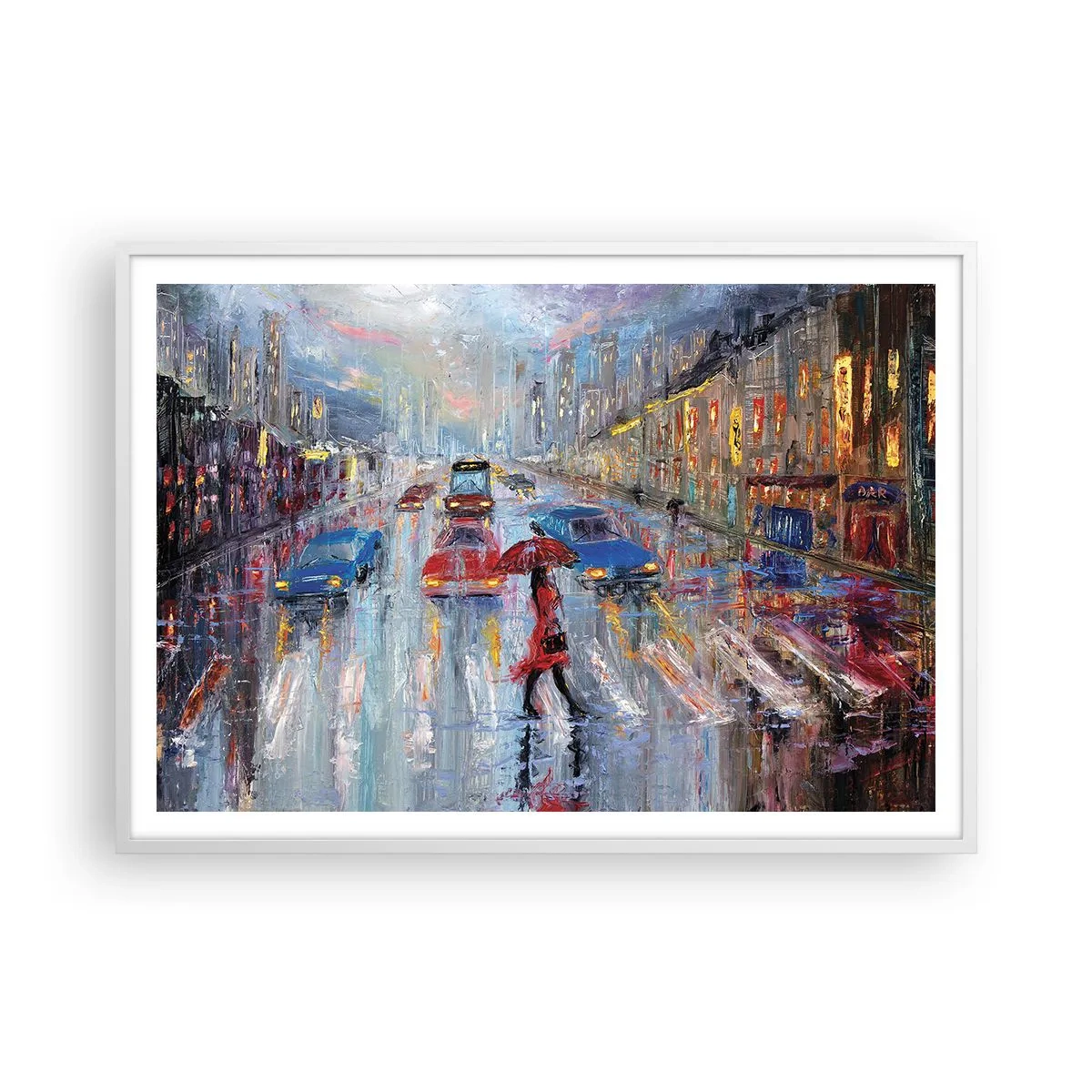 Poster în ramă albă - O după-amiază ploioasă în oraș - 100x70 cm