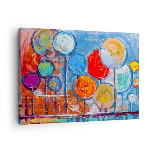 Tablou pe pânză Canvas - Copaci abstracți colorați pe fundal albastru - 70x50cm - Toate ciudăţeniile şi curiozităţile - Decorațiune modernă pentru perete pentru living și dormitor ARTTOR