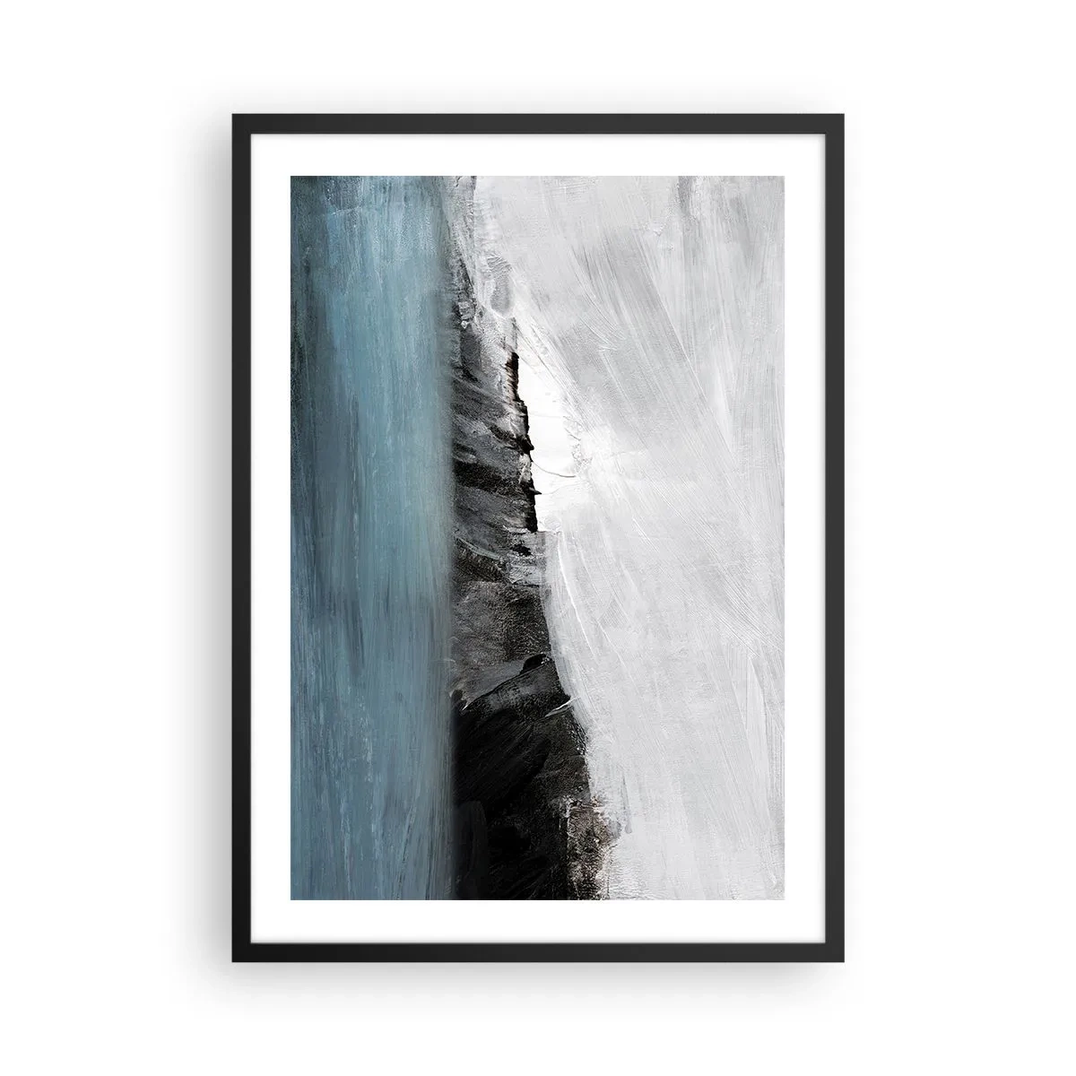 Poster în ramă neagră - Compoziție abstractă a unei coaste stâncoase și a unui ocean - 50x70cm - Apă - pământ: lupta elementelor - Decorațiune modernă pentru perete pentru living și dormitor ARTTOR