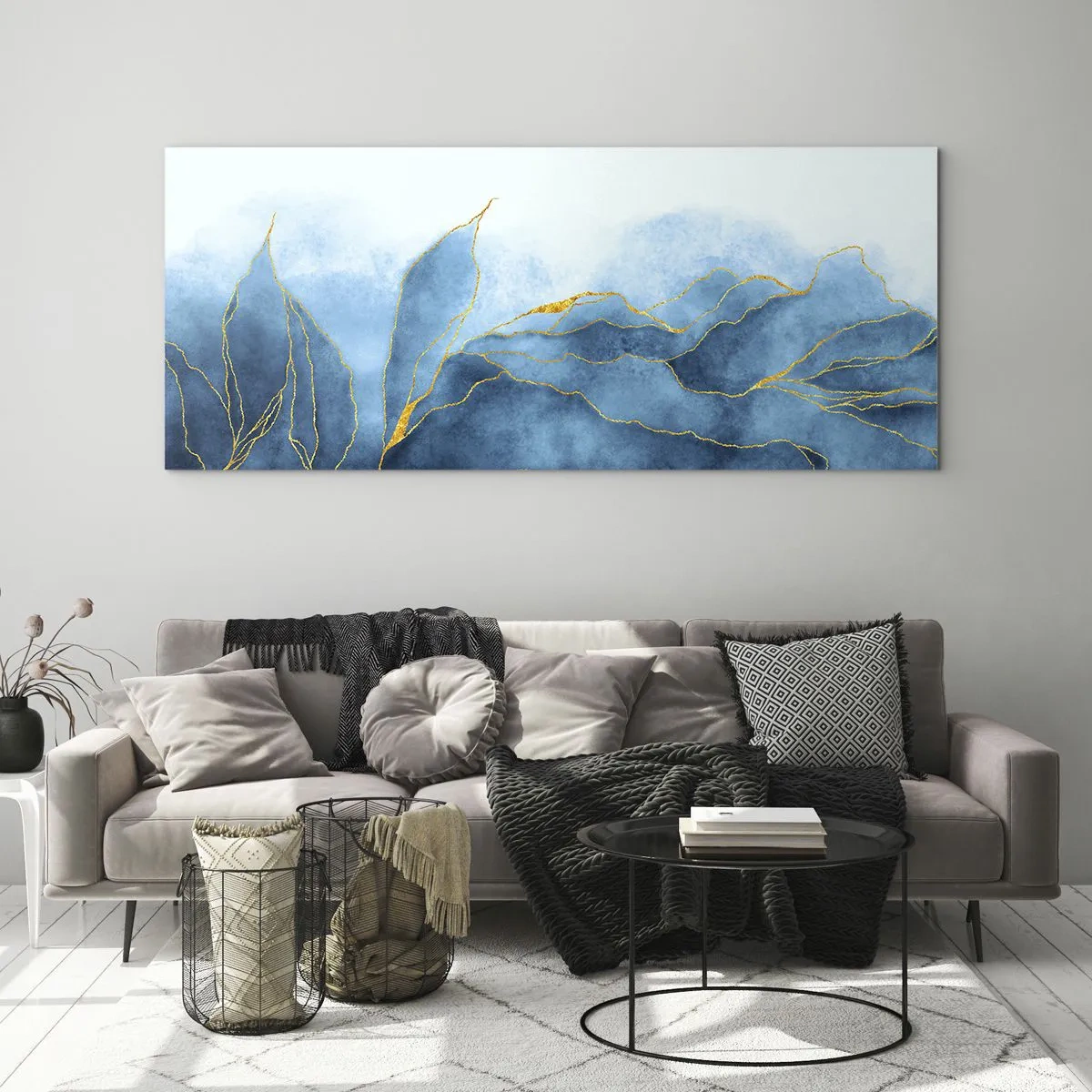 Tablou pe sticlă - Albastru în aur - 90x30 cm