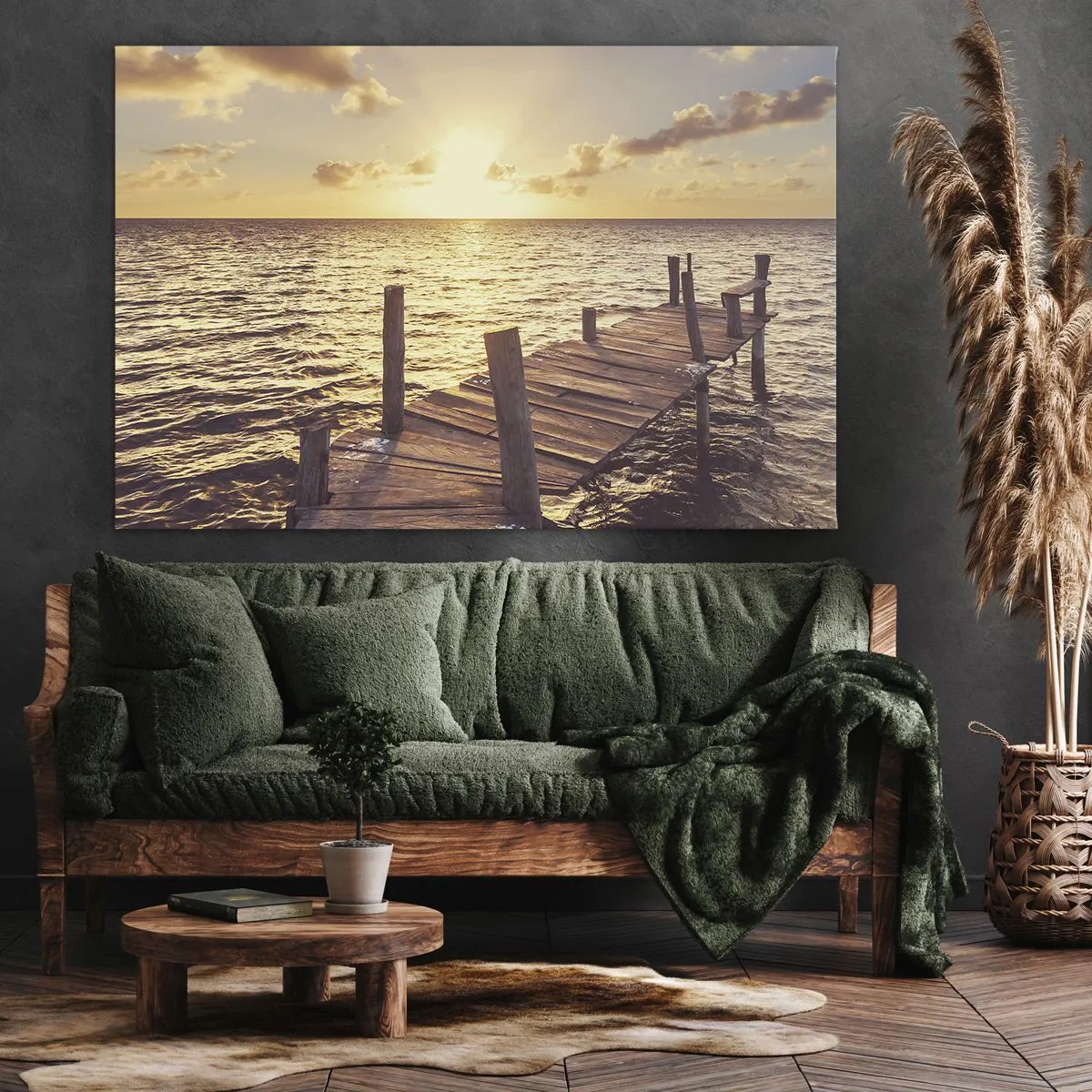Tablou pe pânză Canvas - Un debarcader din lemn care duce spre apus - 70x50cm - Tărâmul de aur al blândeții - Decorațiune modernă pentru perete pentru living și dormitor ARTTOR