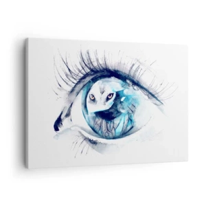 Tablou pe pânză Canvas - Un ochi cu imaginea unei bufnițe în nuanțe de albastru în acuarelă - 70x50cm - Ochi în ochi cu sălbăticia - Decorațiune modernă pentru perete pentru living și dormitor ARTTOR
