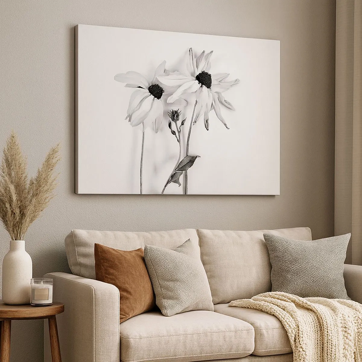 Tablou pe pânză Canvas - Flori alb-negre cu o compoziție subtilă - 70x50cm - Nimeni nu vrea să fie singur - Decorațiune modernă pentru perete pentru living și dormitor ARTTOR
