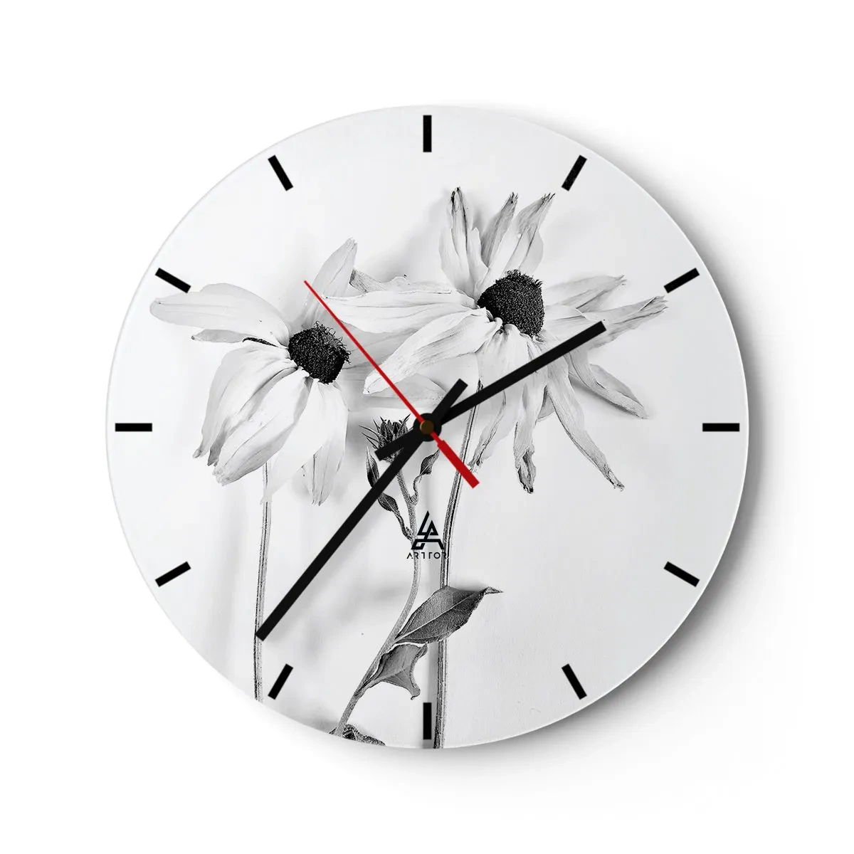 Ceas de perete - Ceas pe sticlă - Trei flori albe și negre cu petale ușor căzute - 30x30cm - Nimeni nu vrea să fie singur - Decorațiune modernă pentru perete pentru living, bucătărie și dormitor ARTTOR