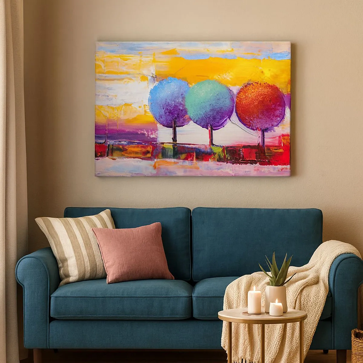 Tablou pe pânză Canvas - Trei copaci colorați pe un fundal abstract - 70x50cm - Trei copaci - Decorațiune modernă pentru perete pentru living și dormitor ARTTOR