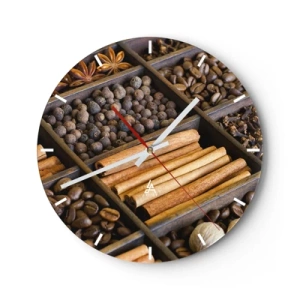 Ceas de perete - Ceas pe sticlă - Despărțitor din lemn cu diverse condimente și cafea - 30x30cm - Tezaur de arome - Decorațiune modernă pentru perete pentru living, bucătărie și dormitor ARTTOR