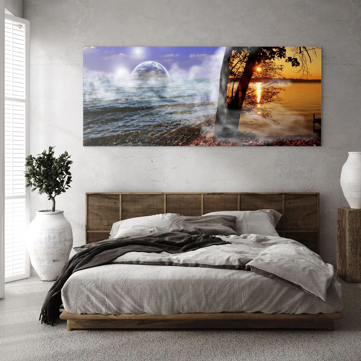 Tablou pe sticlă - Peisaj suprarealist - unitatea naturii - 90x30 cm