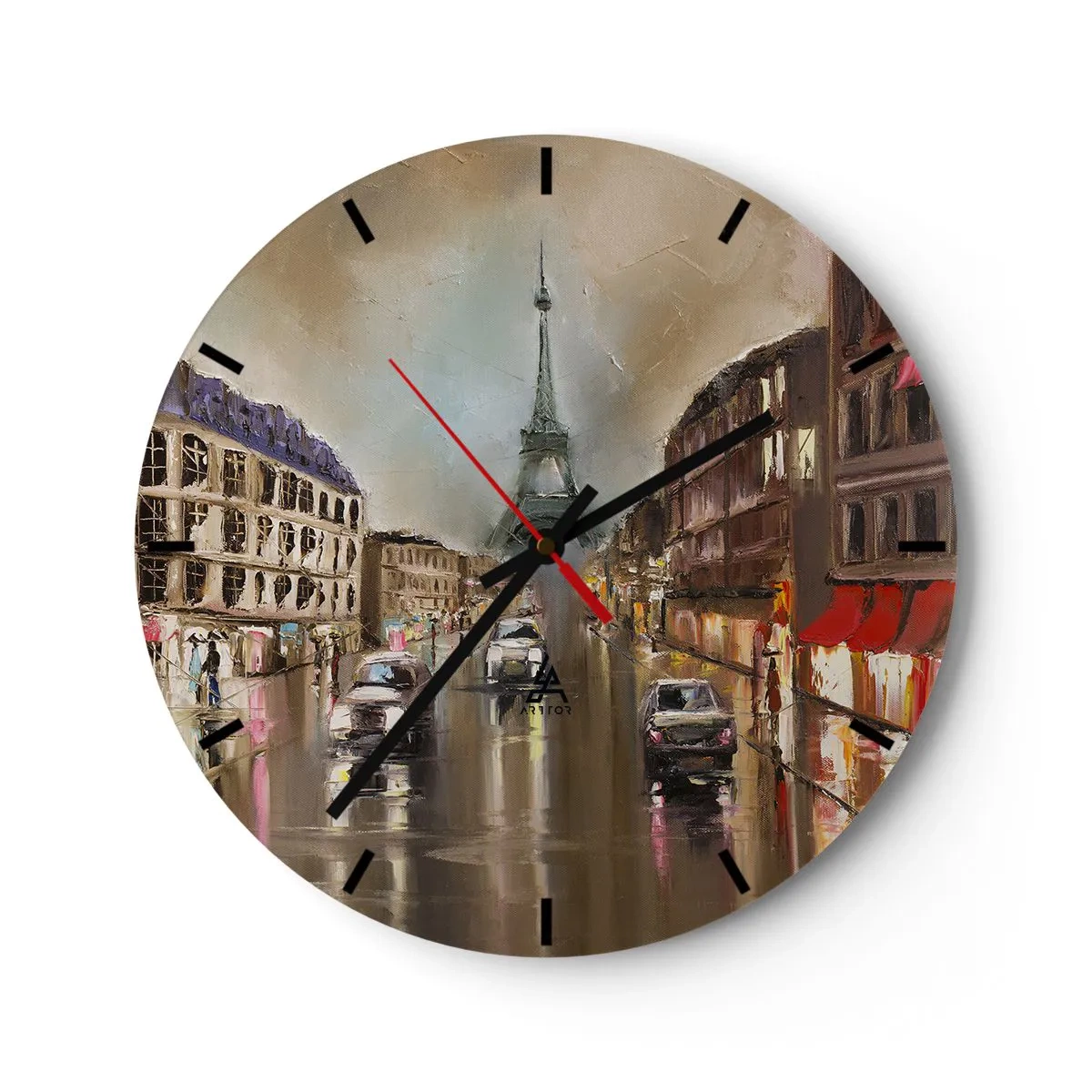 Ceas de perete - Ceas pe sticlă - Turnul Eiffel înconjurat de o stradă pariziană în ploaie - 30x30cm - Singurul lucru care contează este ea - Decorațiune modernă pentru perete pentru living, bucătărie și dormitor ARTTOR