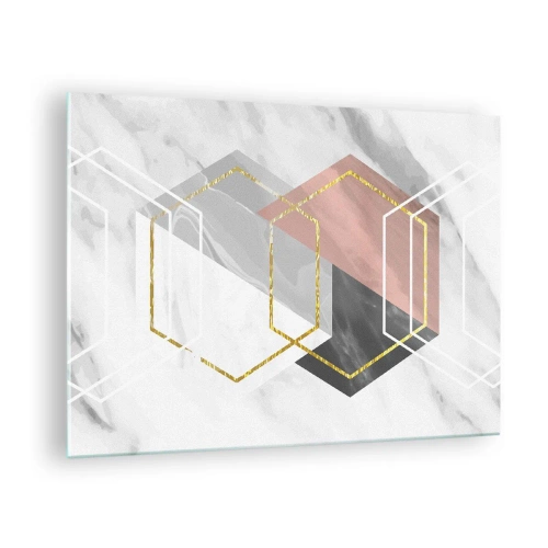 Tablou pe sticlă - Forme geometrice aurii pe un fundal de marmură - 70x50cm - Compoziția lanțului - Decorațiune modernă pentru perete pentru living și dormitor ARTTOR
