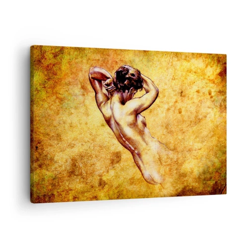 Tablou pe pânză Canvas - Nud feminin artistic pe fundal auriu în stil clasic - 70x50cm - Dezvăluit, dar încă un mister - Decorațiune modernă pentru perete pentru living și dormitor ARTTOR