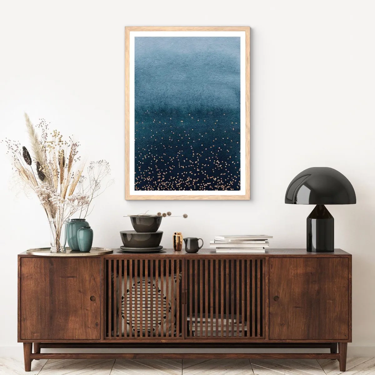 Poster în ramă de stejar deschis - Compoziție - faze albastre - 30x40 cm