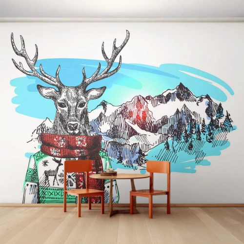Tapet Standard Eco - O căprioară într-un pulover și o eșarfă de iarnă pe fundalul unui peisaj montan - 100x70cm - Nici măcar un cerb nu îngheață - Decorațiune modernă pentru perete pentru living și dormitor ARTTOR