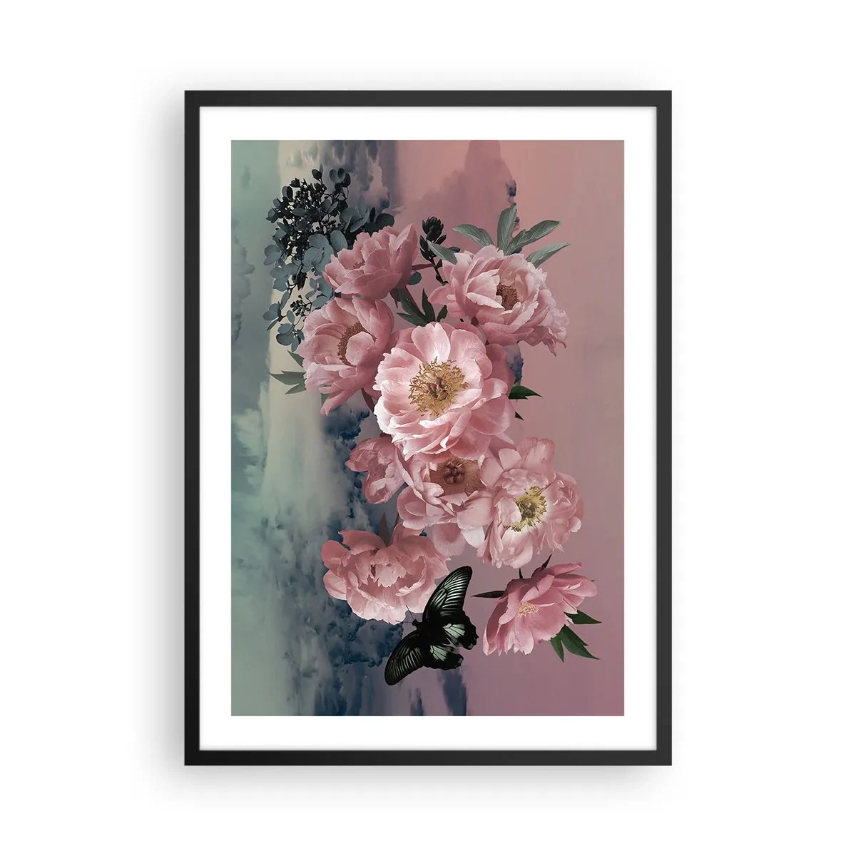 Poster în ramă neagră - O compoziție romantică de flori și un fluture în culori pastelate. - 50x70cm - Apogeul romantismului - Decorațiune modernă pentru perete pentru living și dormitor ARTTOR