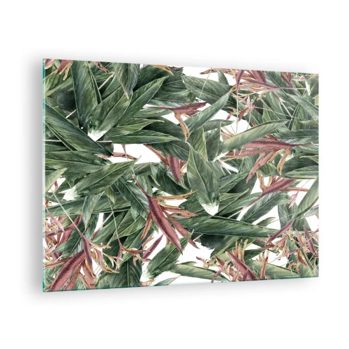 Tablou pe sticlă - Frunze în nuanțe de verde și vișiniu pe un fundal deschis - 70x50cm - Tufișuri de smarald și liliac - Decorațiune modernă pentru perete pentru living și dormitor ARTTOR