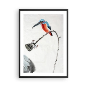 Poster în ramă neagră - Pescăruș albastru colorat pe o ramură în stil acuarelă - 50x70cm - Viața de pajiște - Decorațiune modernă pentru perete pentru living și dormitor ARTTOR