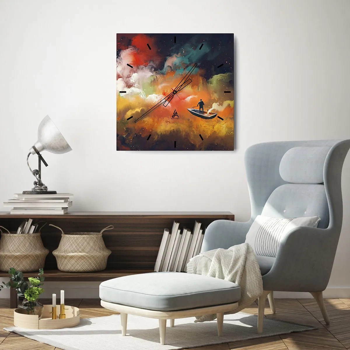 Ceas de perete - Ceas pe sticlă - Cu barca prin galaxie - 30x30 cm