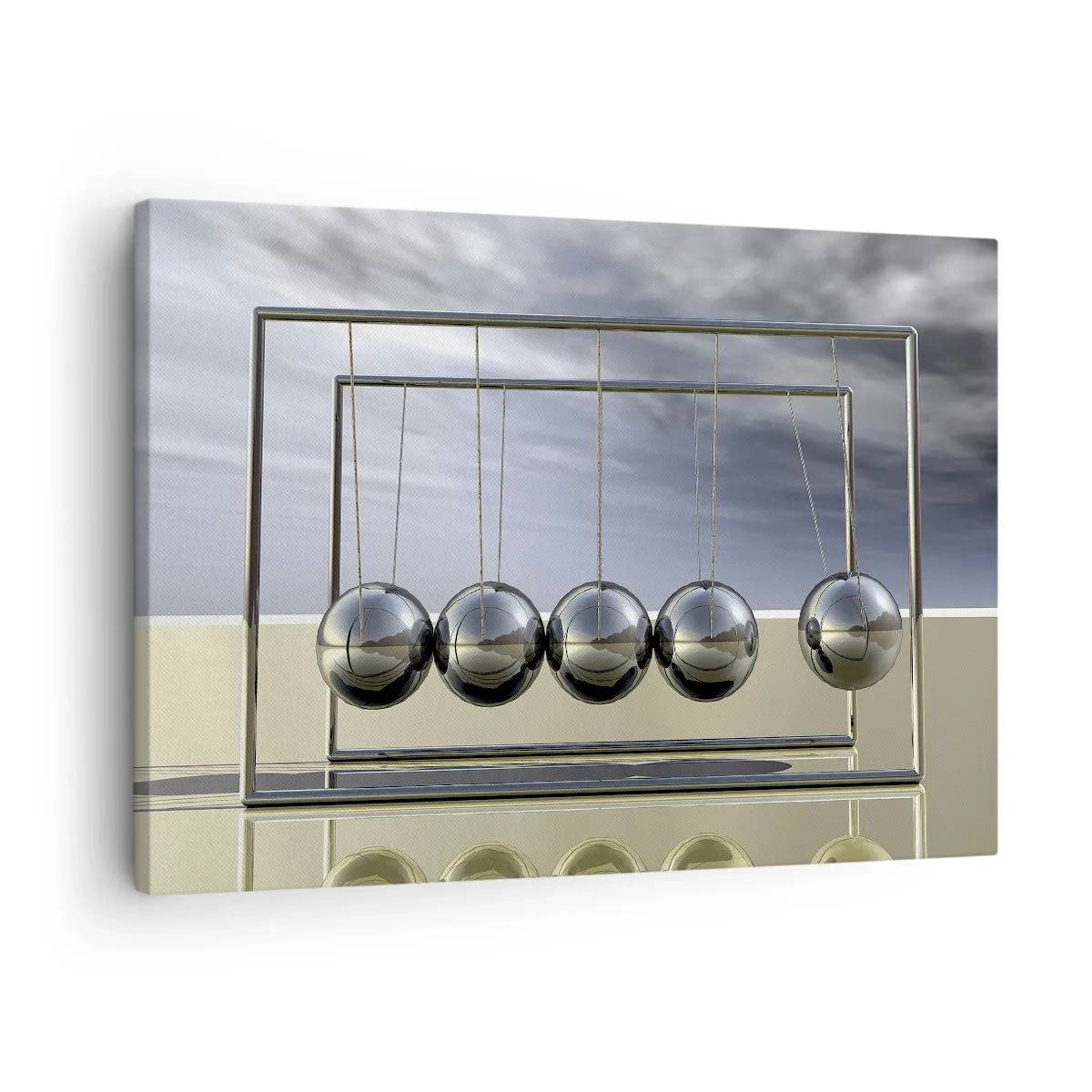 Tablou pe pânză Canvas - Sferele lui Newton într-un cadru minimalist cu reflexii de lumină - 70x50cm - Energia lumii - Decorațiune modernă pentru perete pentru living și dormitor ARTTOR
