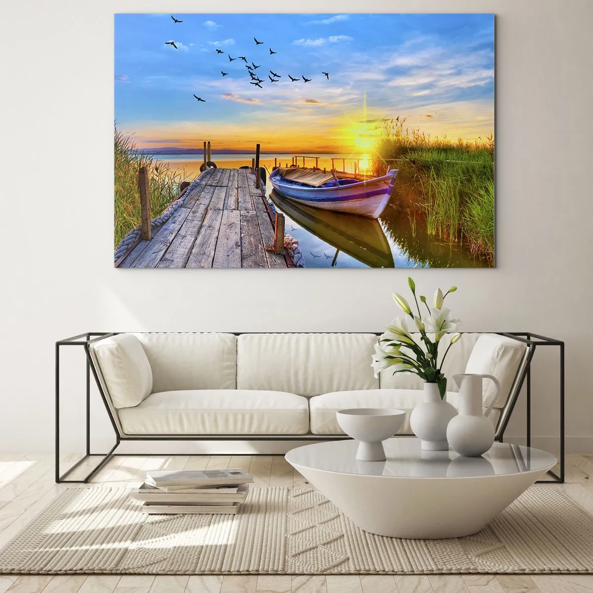 Tablou pe sticlă - dig de lemn peste un lac cu o barcă la răsărit - 70x50cm - La revedere, până mâine - Decorațiune modernă pentru perete pentru living și dormitor ARTTOR