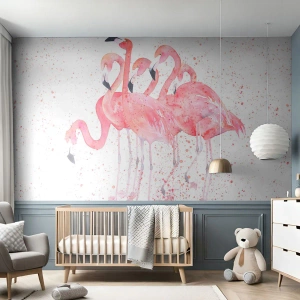 Tapet Premium Sand - Ansamblul roz - Flamingos, Păsări, Grafică - 100x70 cm