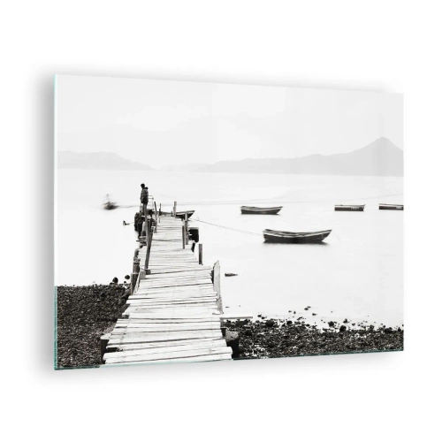 Tablou pe sticlă - Vedere alb-negru a unui dig de lemn peste un lac - 70x50cm - Peste apă liniștită și limpede - Decorațiune modernă pentru perete pentru living și dormitor ARTTOR