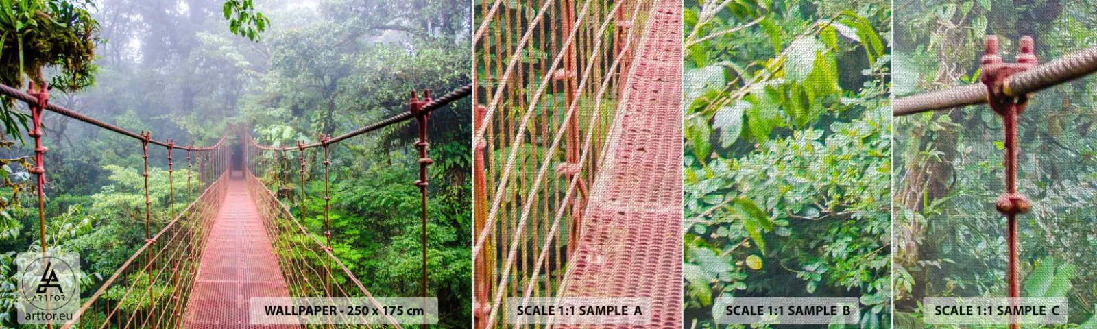 Mostră tapet Premium Canvas - Suspendat deasupra coroanelor arborilor - Peisaj, Junglă, Costa Rica - 100x30 cm