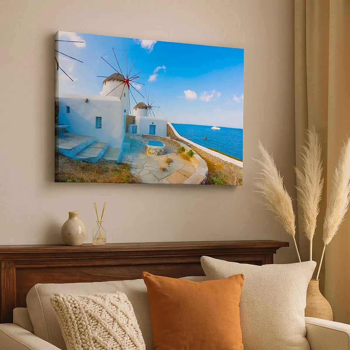 Tablou pe pânză Canvas - Mori de vânt albe pe țărmurile mării albastre - 70x50cm - Vânt albastru dinspre mare - Decorațiune modernă pentru perete pentru living și dormitor ARTTOR
