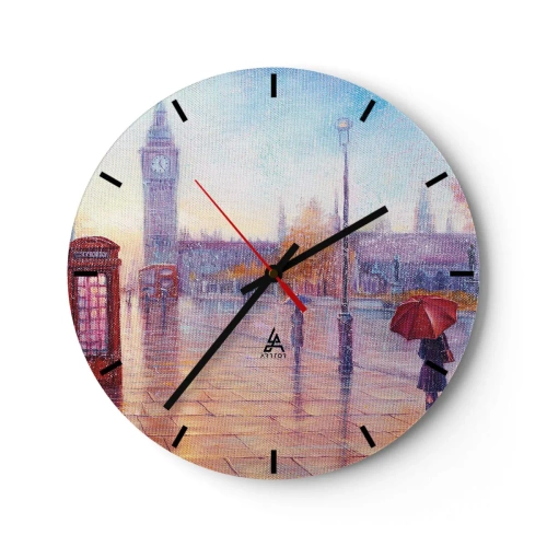 Ceas de perete - Ceas pe sticlă - Un peisaj urban pitoresc cu Big Ben și o umbrelă roșie - 30x30cm - O zi de toamnă londoneză - Decorațiune modernă pentru perete pentru living, bucătărie și dormitor ARTTOR