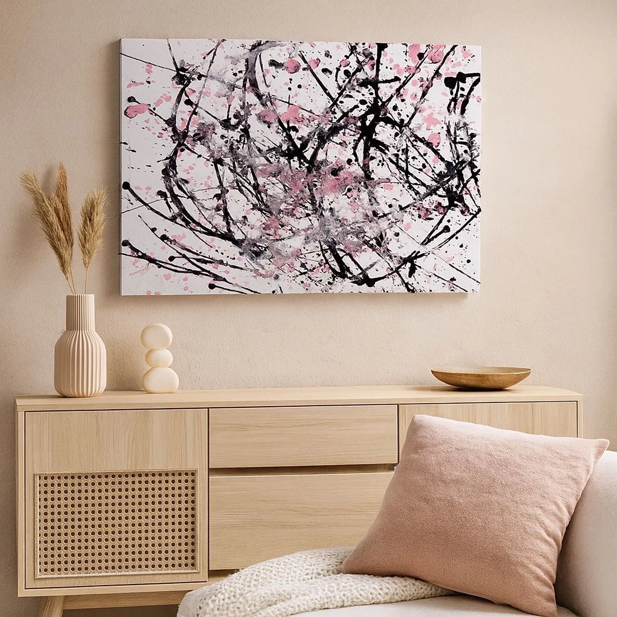Tablou pe pânză Canvas - Model abstract în nuanțe de roz, negru și alb - 70x50cm - Natura trecătoare a vieții - Decorațiune modernă pentru perete pentru living și dormitor ARTTOR