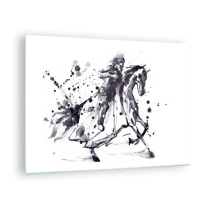 Tablou pe sticlă - Pictură alb-negru a unui călăreț pe un cal într-un stil abstract - 70x50cm - Cavalerul negru - Decorațiune modernă pentru perete pentru living și dormitor ARTTOR