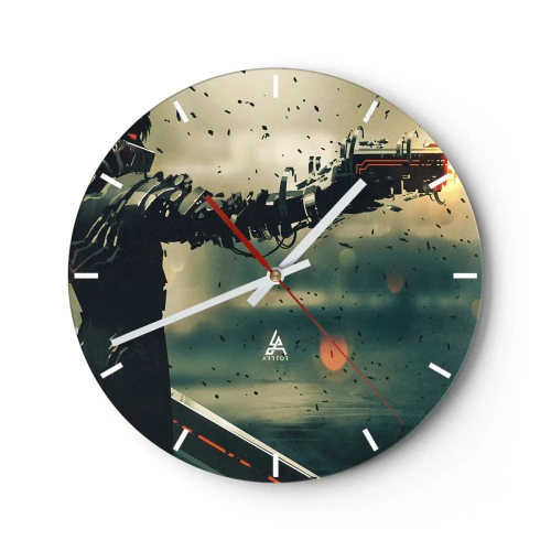 Ceas de perete - Ceas pe sticlă - Un personaj futurist cu o armă cibernetică într-un decor dinamic. - 30x30cm - Armă letală - propriul tău Terminator - Decorațiune modernă pentru perete pentru living, bucătărie și dormitor ARTTOR