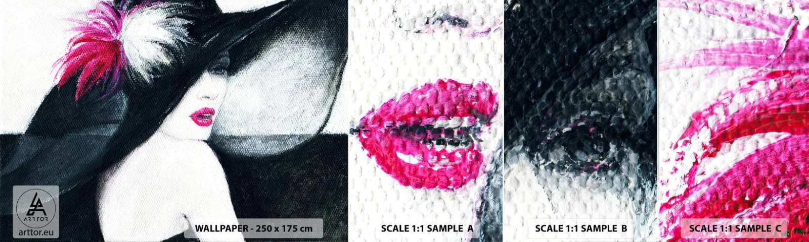 Mostră tapet autocolant Deluxe Sticker - Întotdeauna un mister - Femeie În pălărie, Chipul de femeie, buze rosii - 100x30 cm