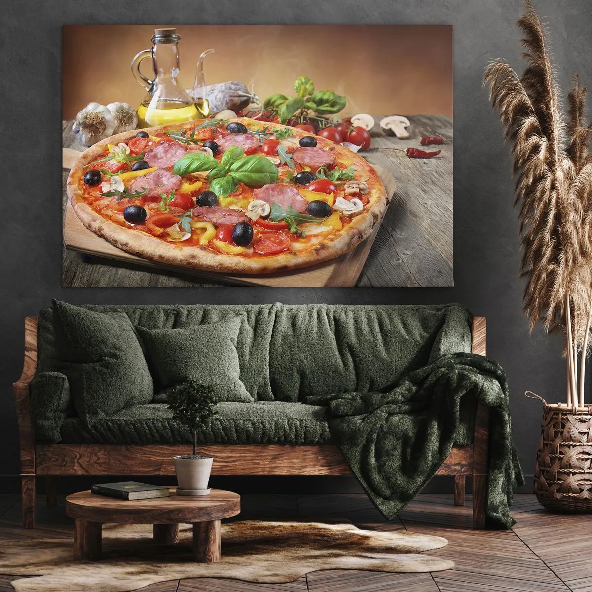 Tablou pe pânză Canvas - Pizza apetisantă pe o masă de lemn cu toppinguri - 70x50cm - Cu o adevărată aromă italiană - Decorațiune modernă pentru perete pentru living și dormitor ARTTOR