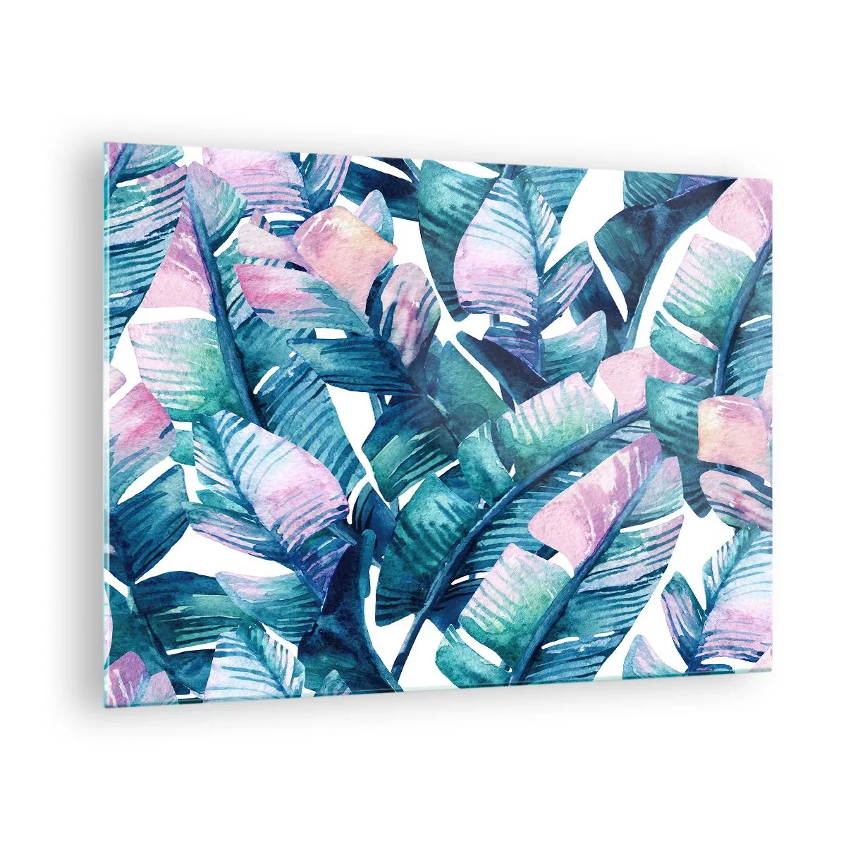 Tablou pe sticlă - Frunze de bananier în nuanțe pastelate pe fundal alb - 70x50cm - Într-o livadă de banane - Decorațiune modernă pentru perete pentru living și dormitor ARTTOR