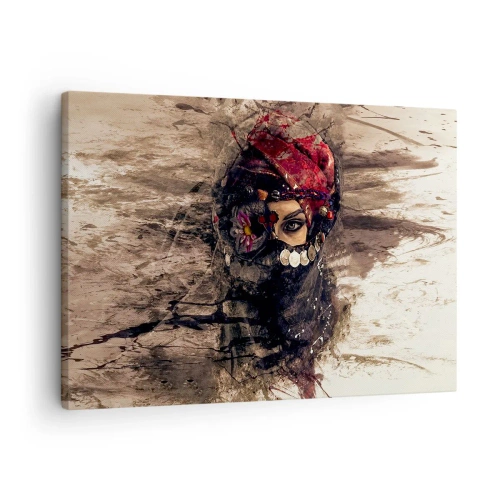 Tablou pe pânză Canvas - Portret artistic al unei femei în ținută orientală pe un fundal abstract. - 70x50cm - Cel puțin îngrijător - Decorațiune modernă pentru perete pentru living și dormitor ARTTOR