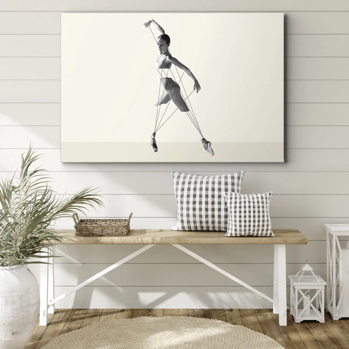 Tablou pe pânză Canvas - Balerină într-o interpretare geometrică cu linii - 70x50cm - Într-un teatru de lumină - Decorațiune modernă pentru perete pentru living și dormitor ARTTOR