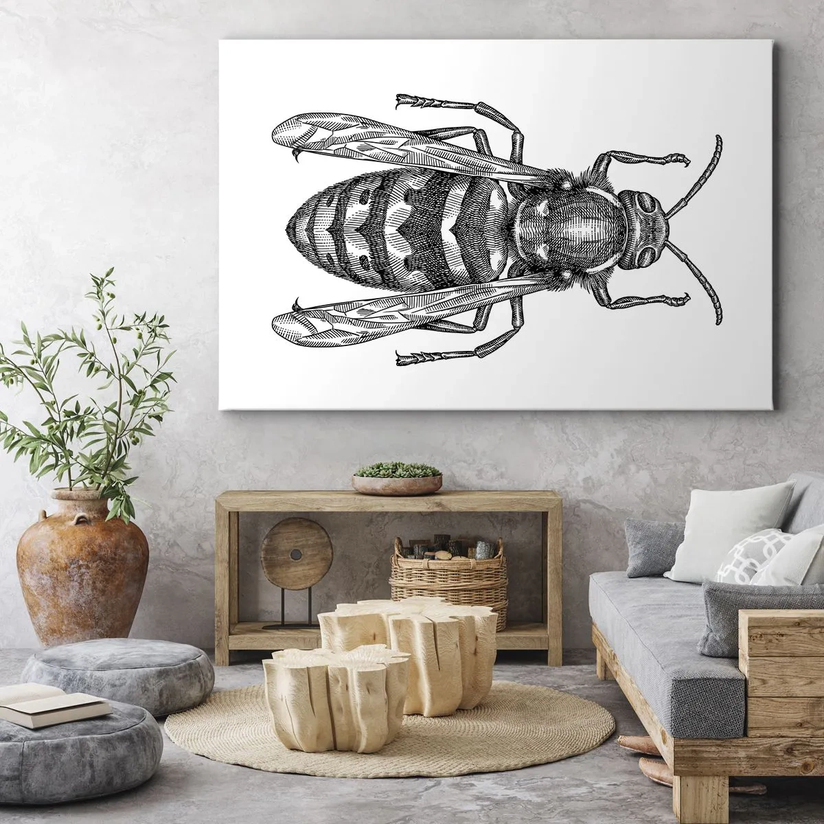 Tablou pe pânză Canvas - Un motiv de viespe de desene animate pe fundal alb, în stil minimalist. - 70x50cm - De pe o planetă de insecte - Decorațiune modernă pentru perete pentru living și dormitor ARTTOR