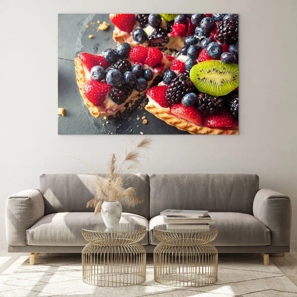 Tablou pe sticlă - Tartă cu fructe, afine, kiwi și căpșuni - 70x50cm - Dolce vita! - Decorațiune modernă pentru perete pentru living și dormitor ARTTOR