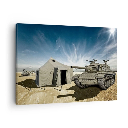 Tablou pe pânză Canvas - Un tanc lângă un cort militar într-o zonă deșertică - 70x50cm - Un vis militar - Decorațiune modernă pentru perete pentru living și dormitor ARTTOR