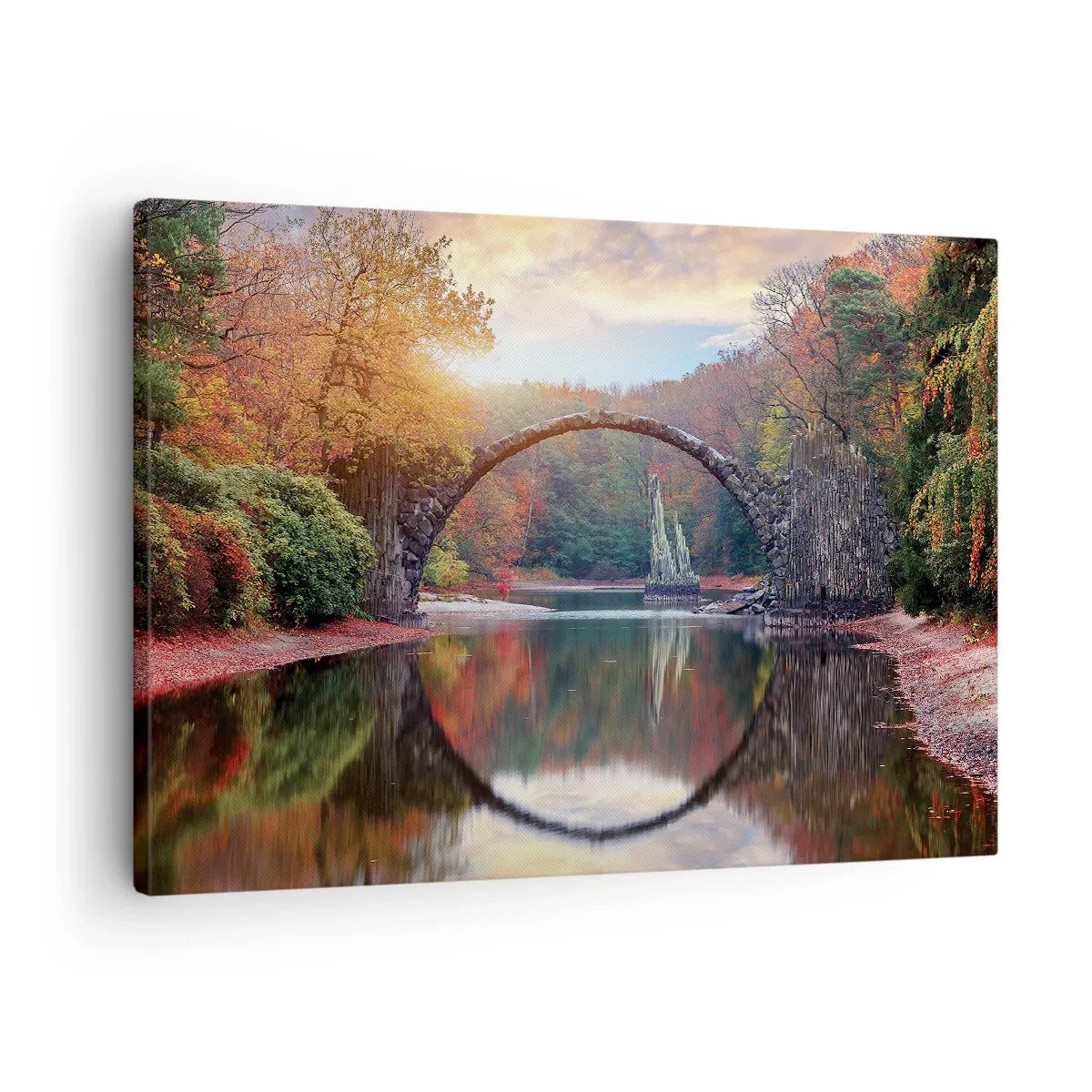 Tablou pe pânză Canvas - Un pod de piatră într-un peisaj de toamnă peste ape calme - 70x50cm - De cealaltă parte a oglinzii - Decorațiune modernă pentru perete pentru living și dormitor ARTTOR